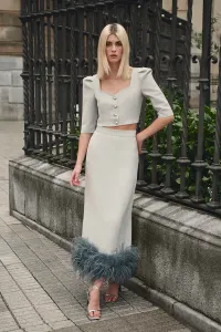 Falda recta midi de plumas en crepe gris