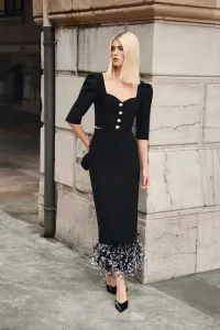 Falda recta midi de plumas en crepe negro plumas blanco y negro