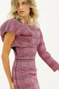 vestido corto rosa pata gallo manga abullonada