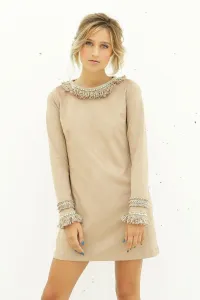 vestido beige de ante evase manga larga
