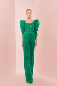 Pantalón Palazzo con jacquard fluido verde para invitada boda