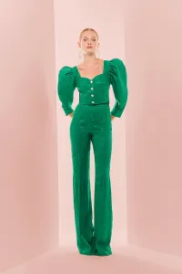 Pantalón Palazzo con jacquard fluido verde para invitada boda