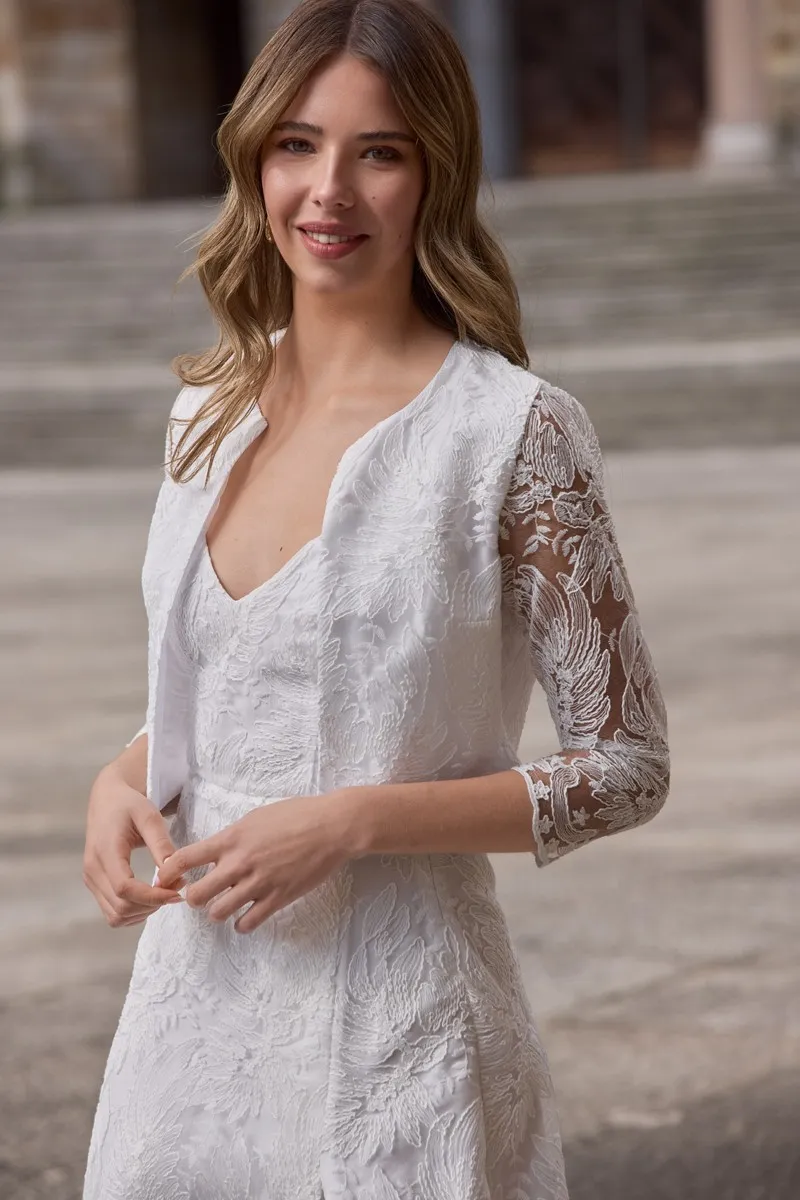 chaqueta corta tul flores blanca transparente