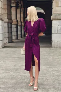 Vestido midi con mangas abullonadas rosa tornasolado y solapa negra