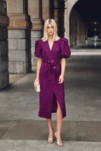 Vestido midi con mangas abullonadas rosa tornasolado y solapa negra