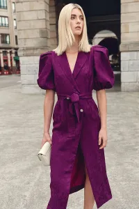 Vestido midi con mangas abullonadas rosa tornasolado y solapa negra