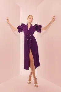 Vestido midi con mangas abullonadas rosa tornasolado y solapa negra