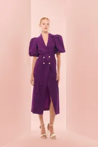 Vestido midi con mangas abullonadas rosa tornasolado y solapa negra