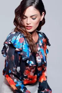 blusa estampada de flores de manga larga con volantes