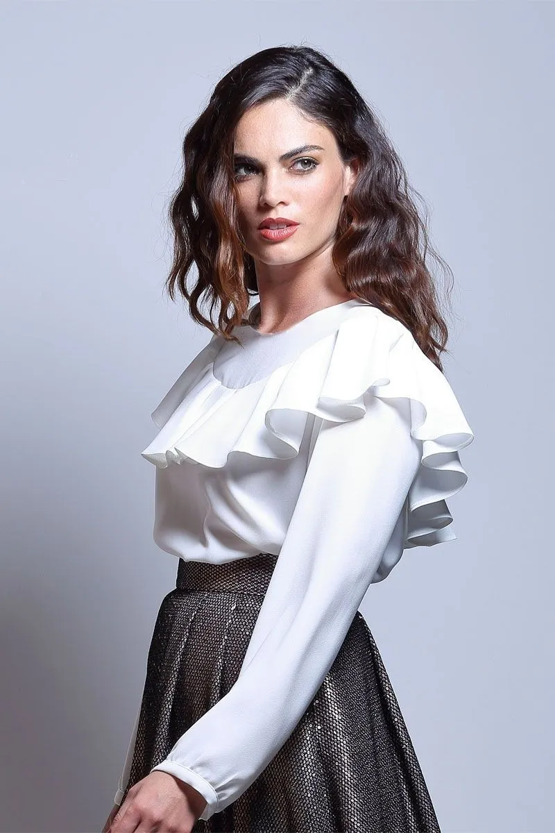 comprar online blusa blanca de vestir con volante para fiesta