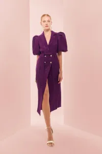 Vestido midi con mangas abullonadas rosa tornasolado y solapa negra
