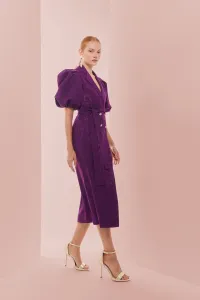 Vestido midi con mangas abullonadas rosa tornasolado y solapa negra