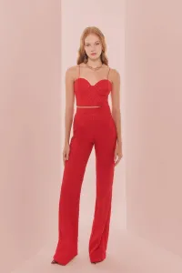 Pantalon palazzo de jacquard brocado rojo geometrico para invitada