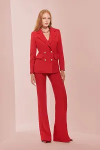 Pantalon palazzo de jacquard brocado rojo geometrico para invitada