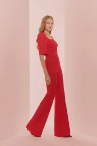 Pantalon palazzo de jacquard brocado rojo geometrico para invitada