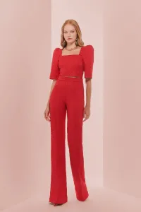 Pantalon palazzo de jacquard brocado rojo geometrico para invitada
