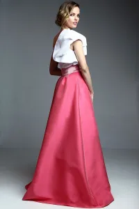 Conjunto falda larga volumen saten rosa y top asimetrico con