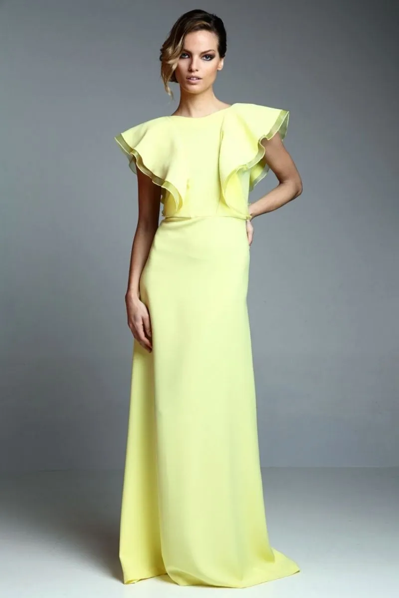 Vestido largo fiesta amarillo con volantes de apparentia