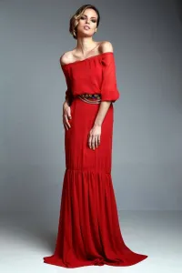 vestido largo rojo teja con escote barco de apparentia collection