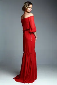 vestido largo rojo teja con escote barco de apparentia collection