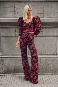 Pantalon palazzo de jacquard brocado negro con flores para invitada