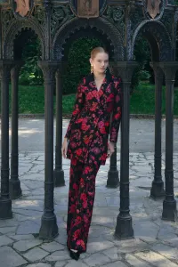 Pantalon palazzo de jacquard brocado negro con flores para invitada