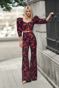 Pantalon palazzo de jacquard brocado negro con flores para invitada