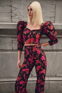 Pantalon palazzo de jacquard brocado negro con flores para invitada