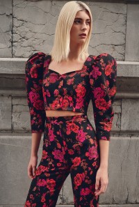 Pantalon palazzo de jacquard brocado negro con flores para invitada