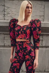 Pantalon palazzo de jacquard brocado negro con flores para invitada