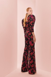 Pantalon palazzo de jacquard brocado negro con flores para invitada