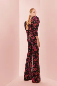 Pantalon palazzo de jacquard brocado negro con flores para invitada