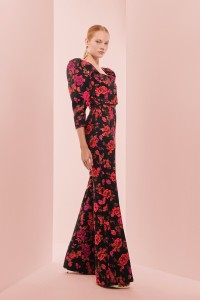 Pantalon palazzo de jacquard brocado negro con flores para invitada