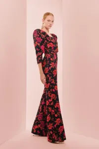 Pantalon palazzo de jacquard brocado negro con flores para invitada