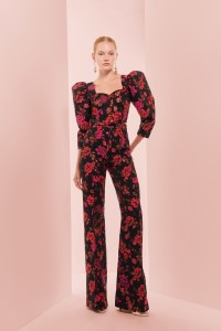 Pantalon palazzo de jacquard brocado negro con flores para invitada