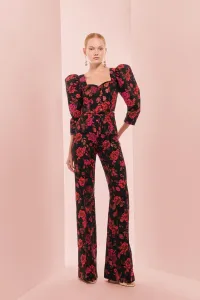 Pantalon palazzo de jacquard brocado negro con flores para invitada