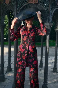 Pantalon palazzo de jacquard brocado negro con flores para invitada
