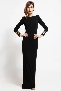 vestido largo de fiesta negro escote en espalda con cadena dorada