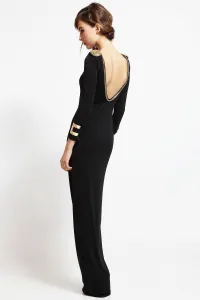 vestido largo de fiesta negro escote en espalda con cadena dorada