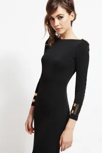 vestido largo de fiesta negro escote en espalda con cadena dorada