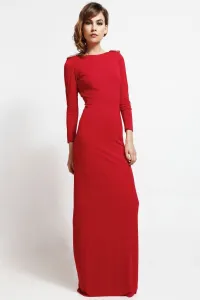 vestido largo de fiesta rojo escote en espalda con cadena dorada