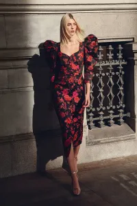 Vestido de invitada brocado negro flores con manga globo