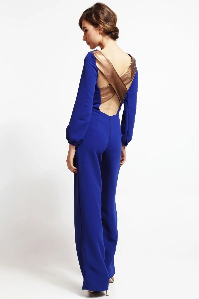 mono de fiesta azul klein con escote en espalda para invitada boda