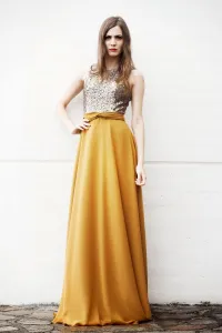 Vestido largo de fiesta dorado y mostaza de arimoka online