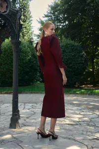 vestido brocado granate con peplum manga abullonada de invitada