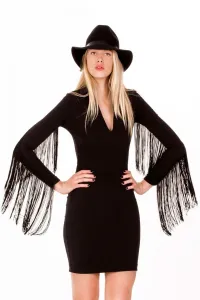 vestido negro de fiesta corto con flecos en la manga de felipe
