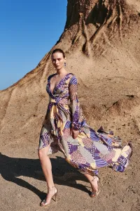 Vestido de fiesta largo cuerpo drapeado con estampado geometrico
