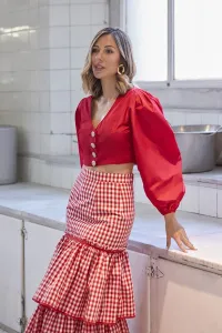 Falda midi cuadro vichy volantes blanco y rojo