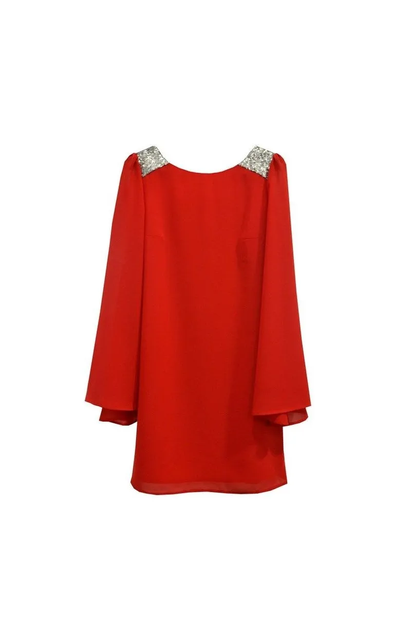 Vestido rojo nochevieja fiesta con lentejuelas y manga murcielago
