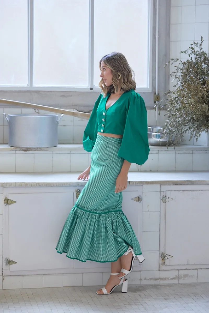 Falda midi cuadro vichy volantes blanco y verde